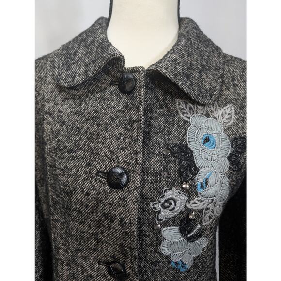 Chaber Wool Mulberry Silk Embroidered Tweed Longline Coat Gray Blue Size S - Picture 2 of 12